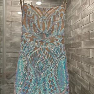 Super cute dress from Lucy in the Sky! It’s nude with reflective sparkles!